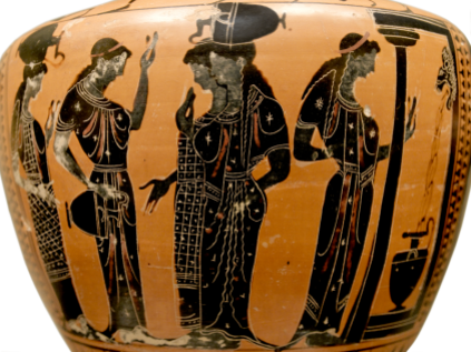 Attic Black-Figure Hydria, ca. 510-500 BCE depicting women filling jugs at the public water fountain. Source: Wikimedia Commons