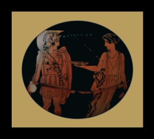 Attic Red-Figure Kantharos, c 450-400 BCE by the Eretria Painter depicting Achilles and the Nereid Kymothea.