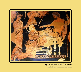 Apulian Red-Figure Volute-Crater, ca. 360-350 BCE by the Painter of Athens depicting Chryses attempting to ransom his daughter Chryseis from Agamemnon.