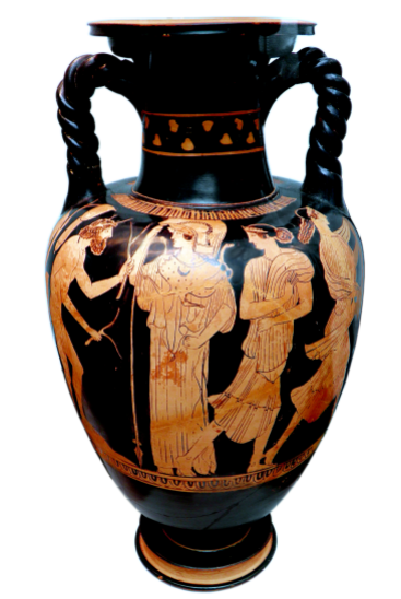 Attic red-figured amphora depicting Odysseus trying to hide his nakedness while seeking help from Princess Nausicaa of Skheria. Source: Wikimedia Commons