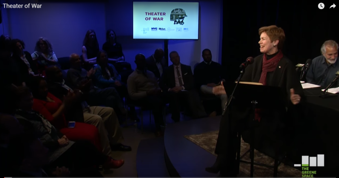 NYC Department of Veteran's Services Commissioner (Ret'd Brig. Gen.) Loree Sutton introducing the inaugural NYC performance of Theater of War. Screenshot from The Greene Space YouTube video