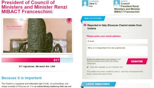 Screenshot of avaaz.org petition to repatriate the Monteleone Chariot. Please click to sign!