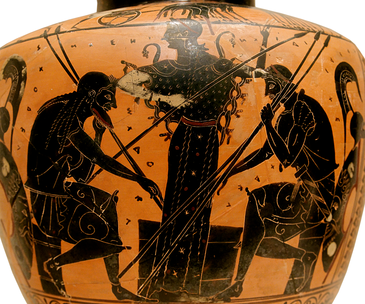 Achilles and Ajax playing a board game, depicted on the belly of an Attic black-figure hydria, ca. 510 BCE Source: Wikimedia Commons