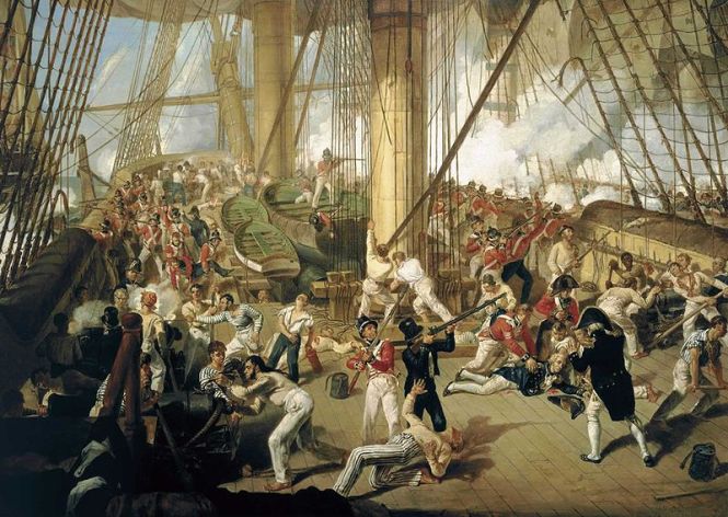Painter Denis Dighton's imagining of Nelson being shot on the quarterdeck of HMS Victory. Source: Wikimedia Commons