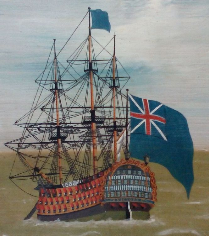 HMS Victory, flying the Blue Ensign (with the pre-1801 Union Jack), from The Fleet Offshore, 1780–90, an anonymous piece of folk art now at Compton Verney Art Gallery. Source: [CCSA 3.0] Neddyseagoon via Wikimedia Commons