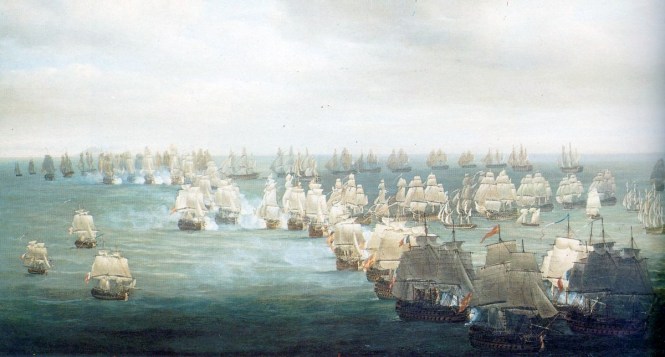 Painter Nicholas Pocock's conception of the Battle at Trafalgar at 1:00 pm. Source: Wikimedia Commons