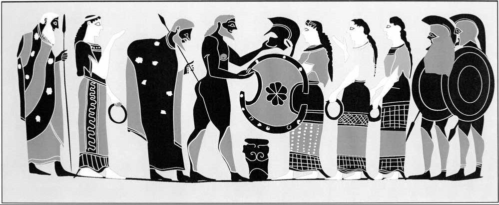 Thetis Presenting Achilles New Armor, Attic black-figure Column Krater attributed to Painter of London B76. Source: Drawing by Valerie Woelfel via CHS