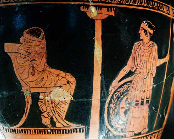 Thetis brings grieving Achilles his new weapons. Side A of an Attic red-figure volute-krater, ca. 460 BC. From Corneto (ancient Tarquinii), Latium, in the style of the Geneva Painter. Source: CCA 3.0 by Jastrow/Vail via Wikimedia Commons