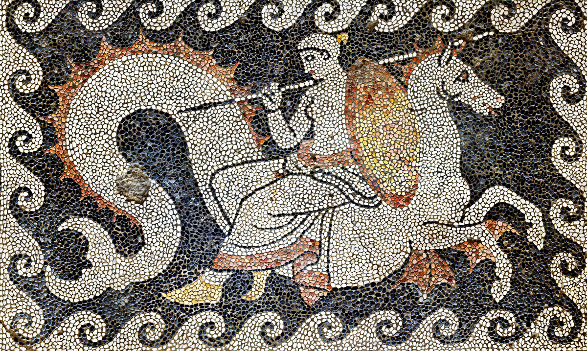 Thetis Seated on Hippocampus, Delivering the spear and shield of Achilles. Ancient Greek Mosaic from Eretria, ca. 400-350 BCE. Source: CC0 via Wikimedia Commons